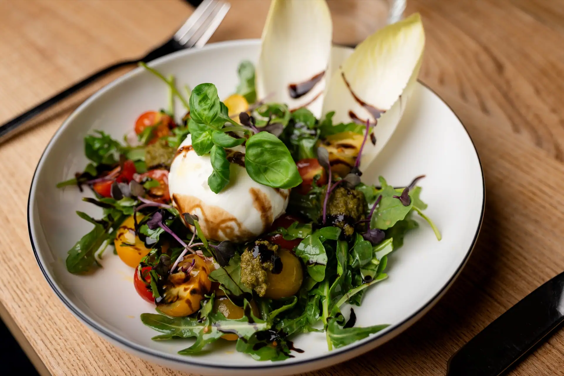 Burrata on wild herb salad